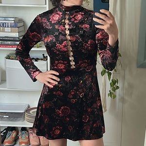 Topshop floral velvet skater peekaboo dress with corset tie